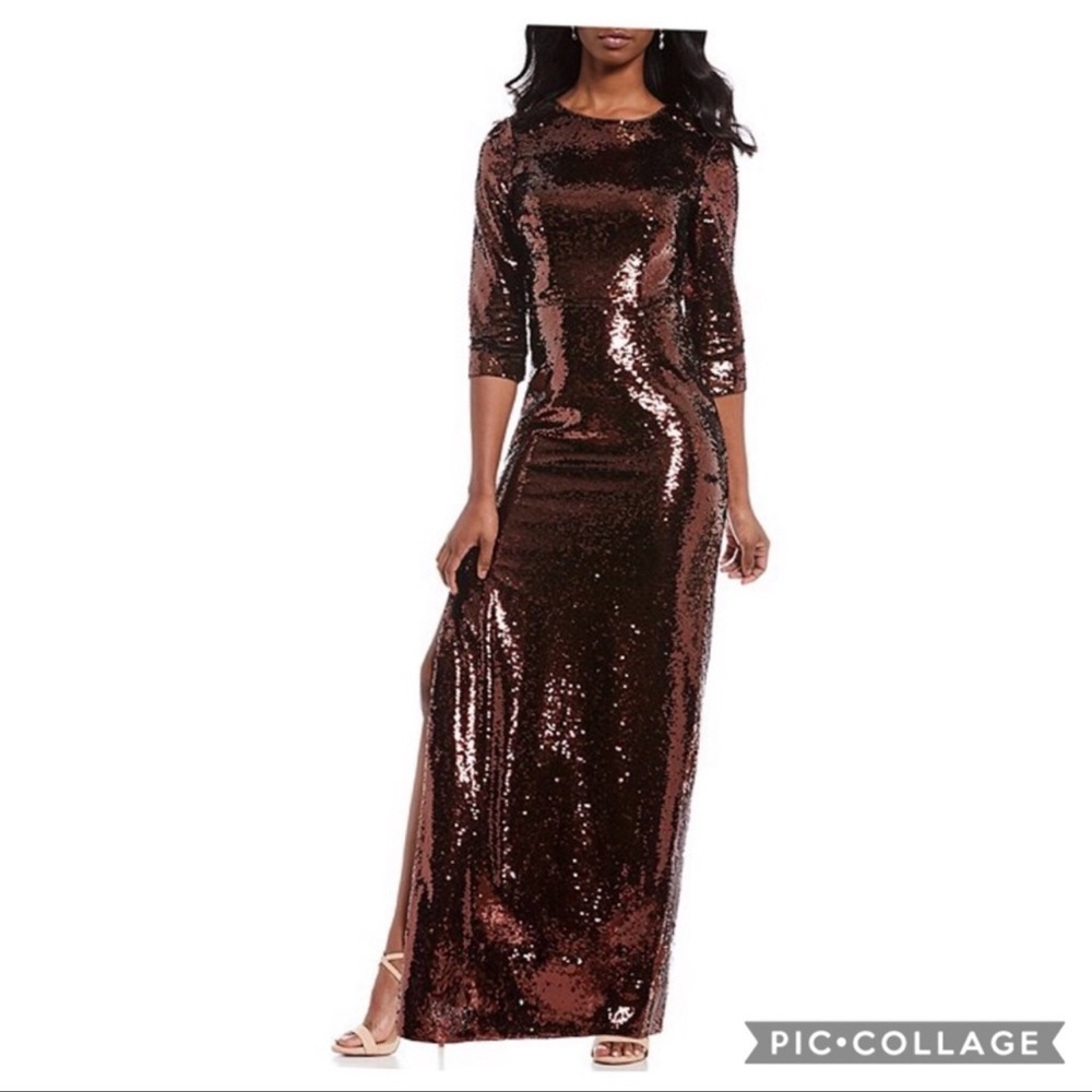 Aidan by Aidan Mattox 3/4 sleeves sequins with side slit long gown